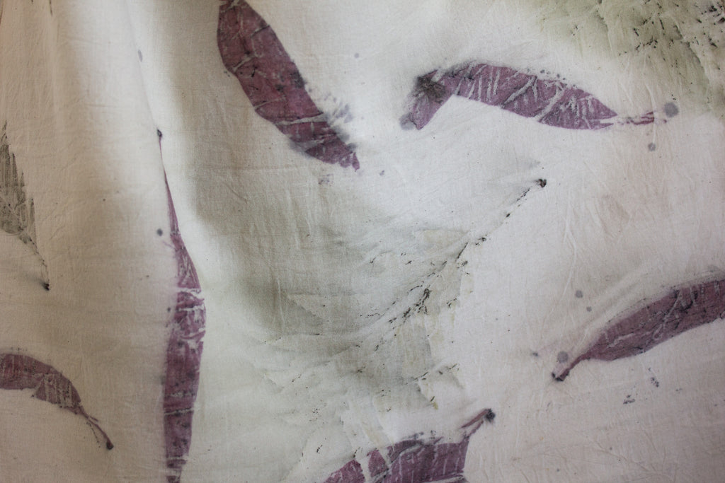 White Cotton Scarf Ecoprinted: Silver Oak and Eucalyptus