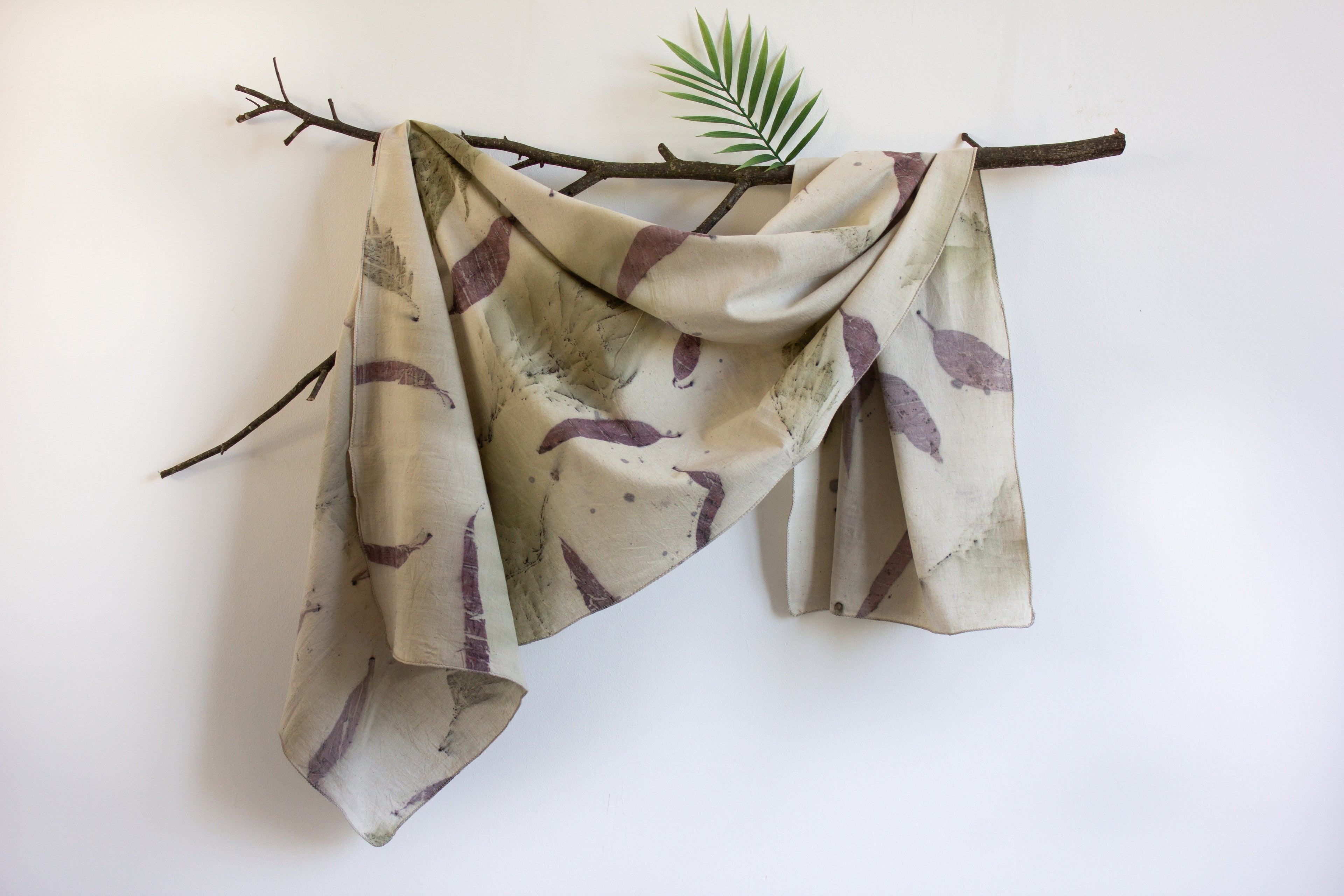 White Cotton Scarf Ecoprinted: Silver Oak and Eucalyptus