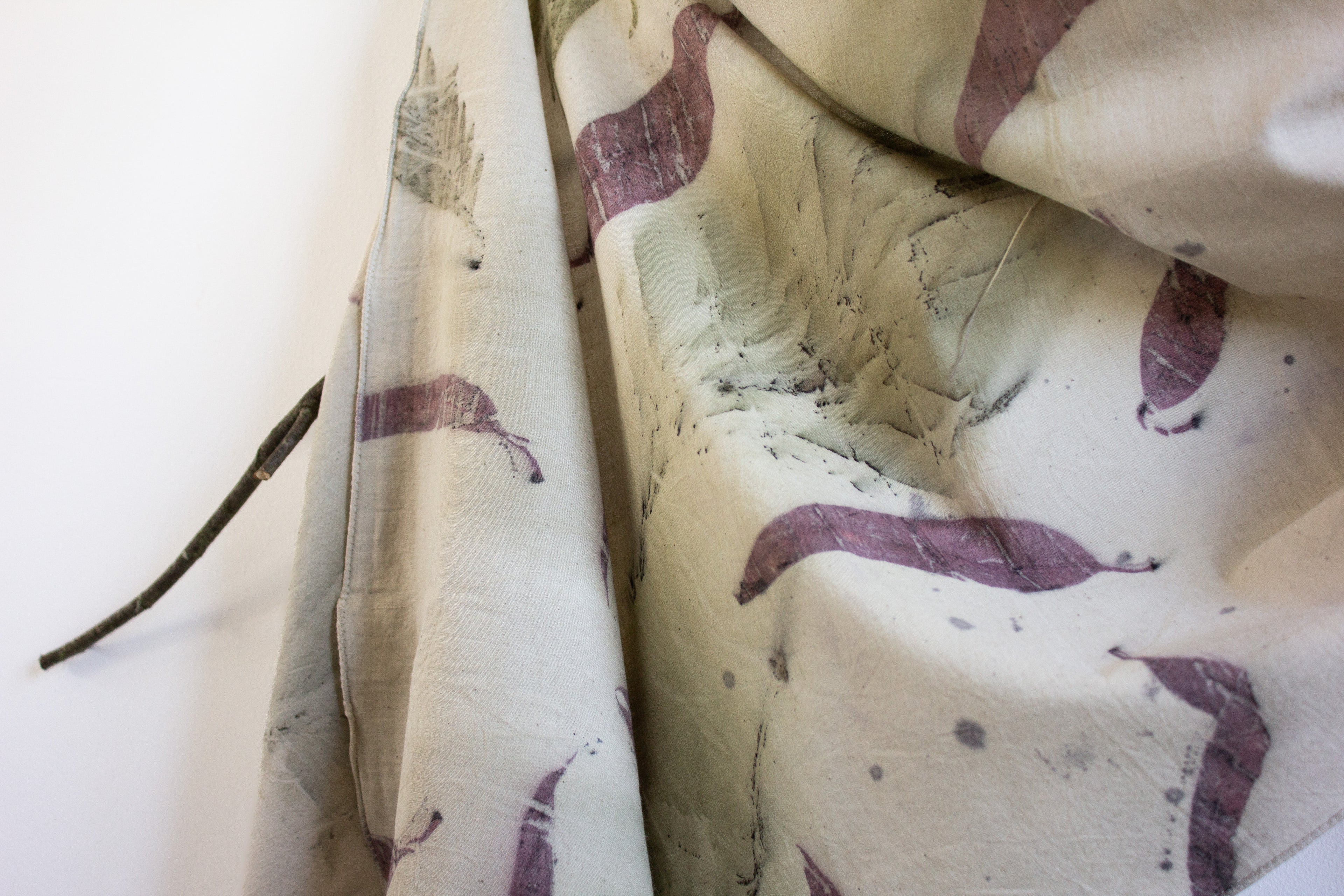 White Cotton Scarf Ecoprinted: Silver Oak and Eucalyptus