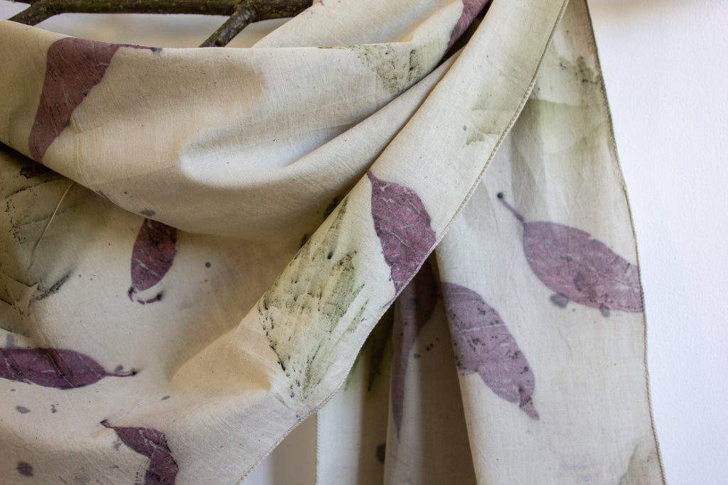 White Cotton Scarf Ecoprinted: Silver Oak and Eucalyptus
