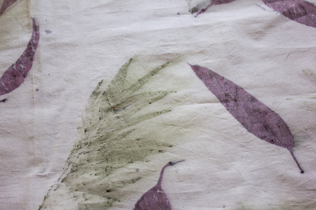 White Cotton Scarf Ecoprinted: Silver Oak and Eucalyptus