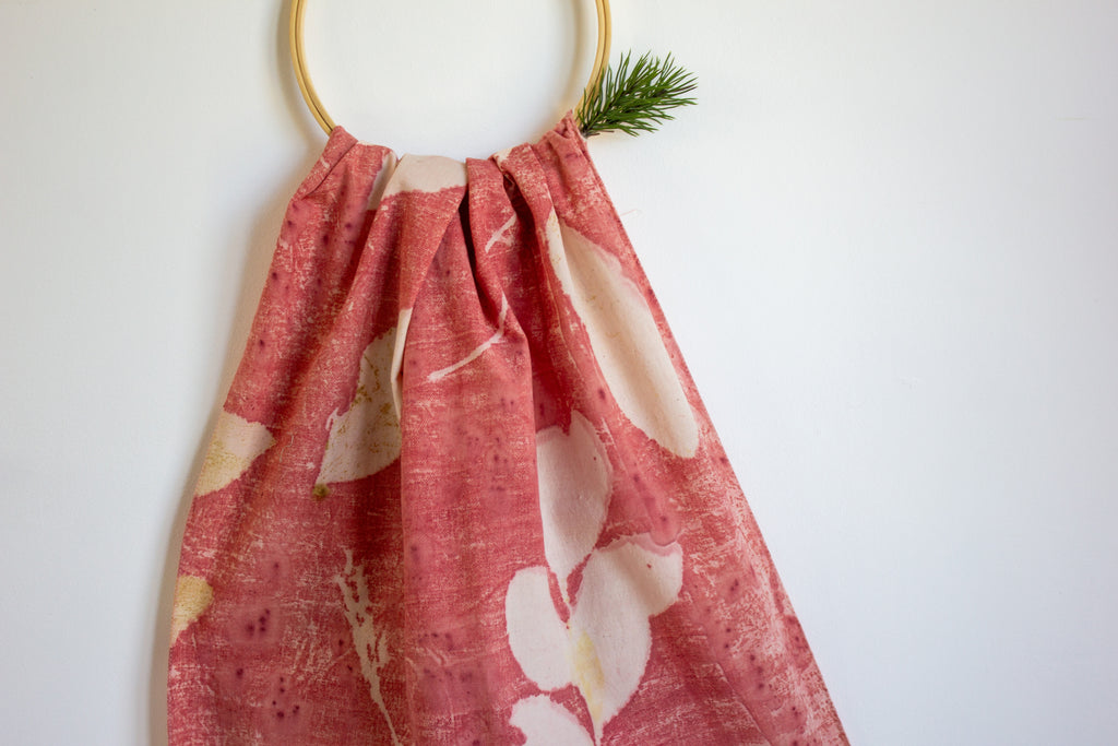 Red Cotton Scarf Ecoprinted With Real Leaves