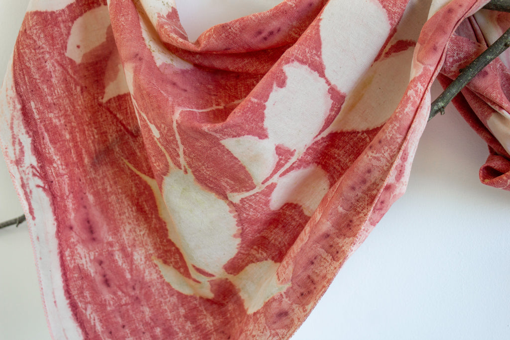 Red Cotton Scarf Ecoprinted With Real Leaves