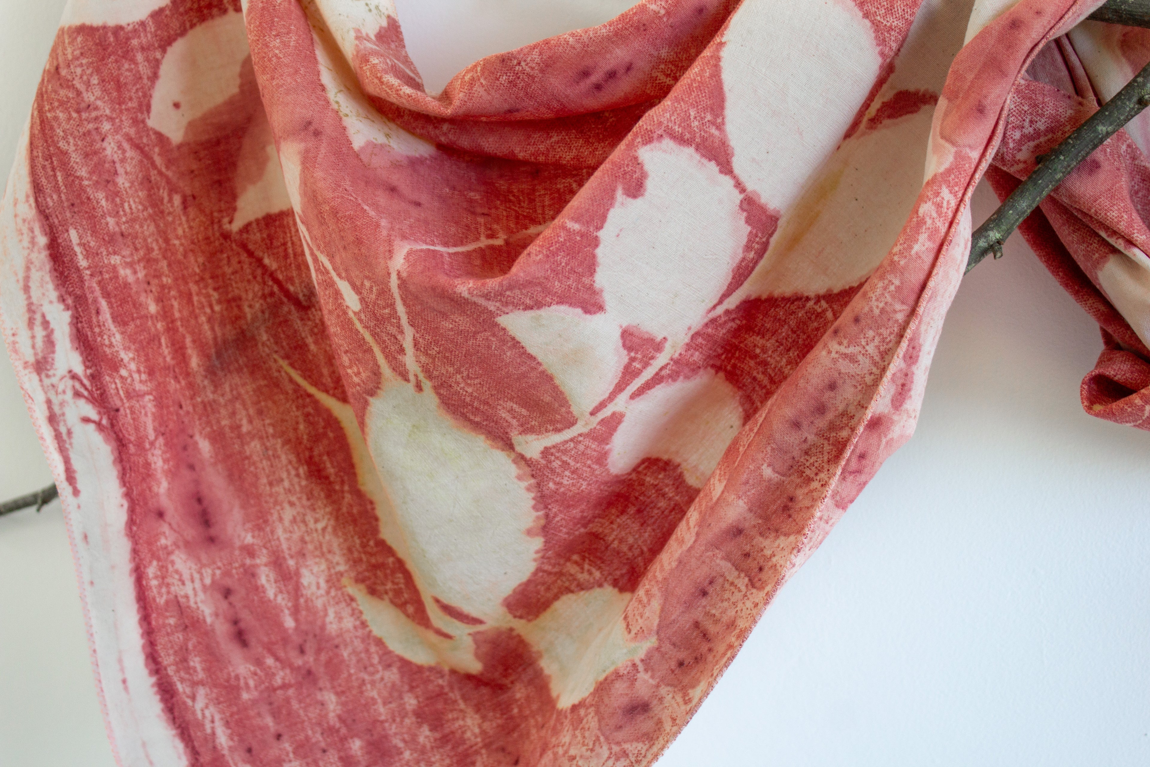 Red Cotton Scarf Ecoprinted With Real Leaves