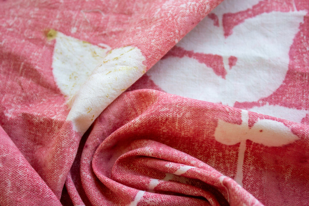 Red Cotton Scarf Ecoprinted With Real Leaves