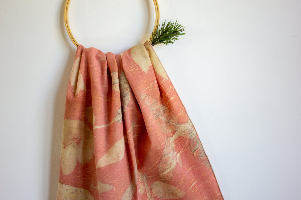 Pink Cotton Scarf Ecoprinted With Real Leaves