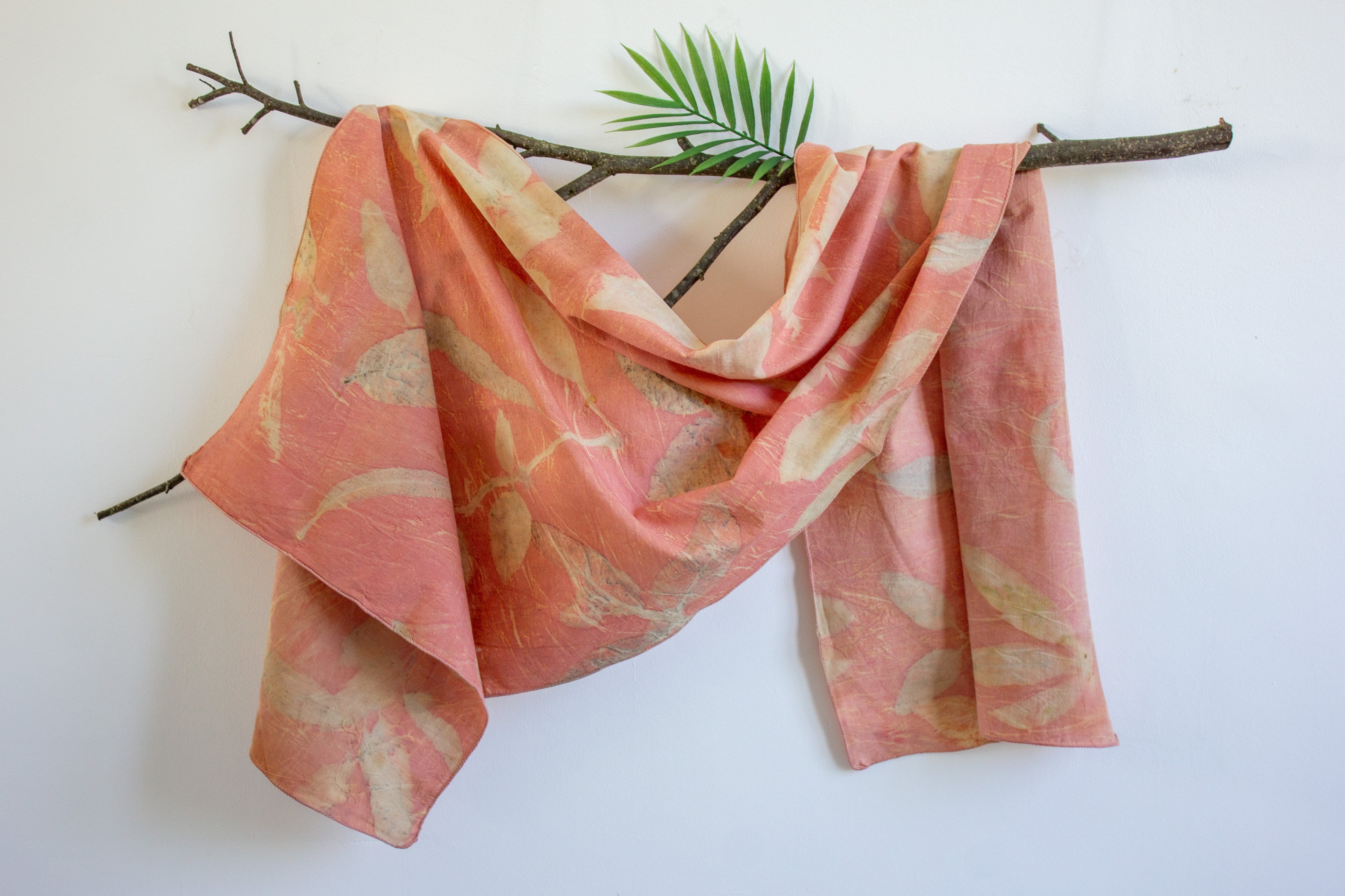 Pink Cotton Scarf Ecoprinted With Real Leaves