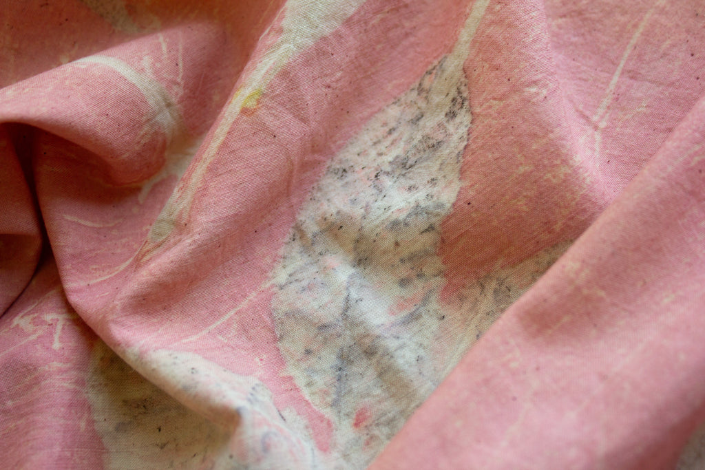 Pink Cotton Scarf Ecoprinted With Real Leaves