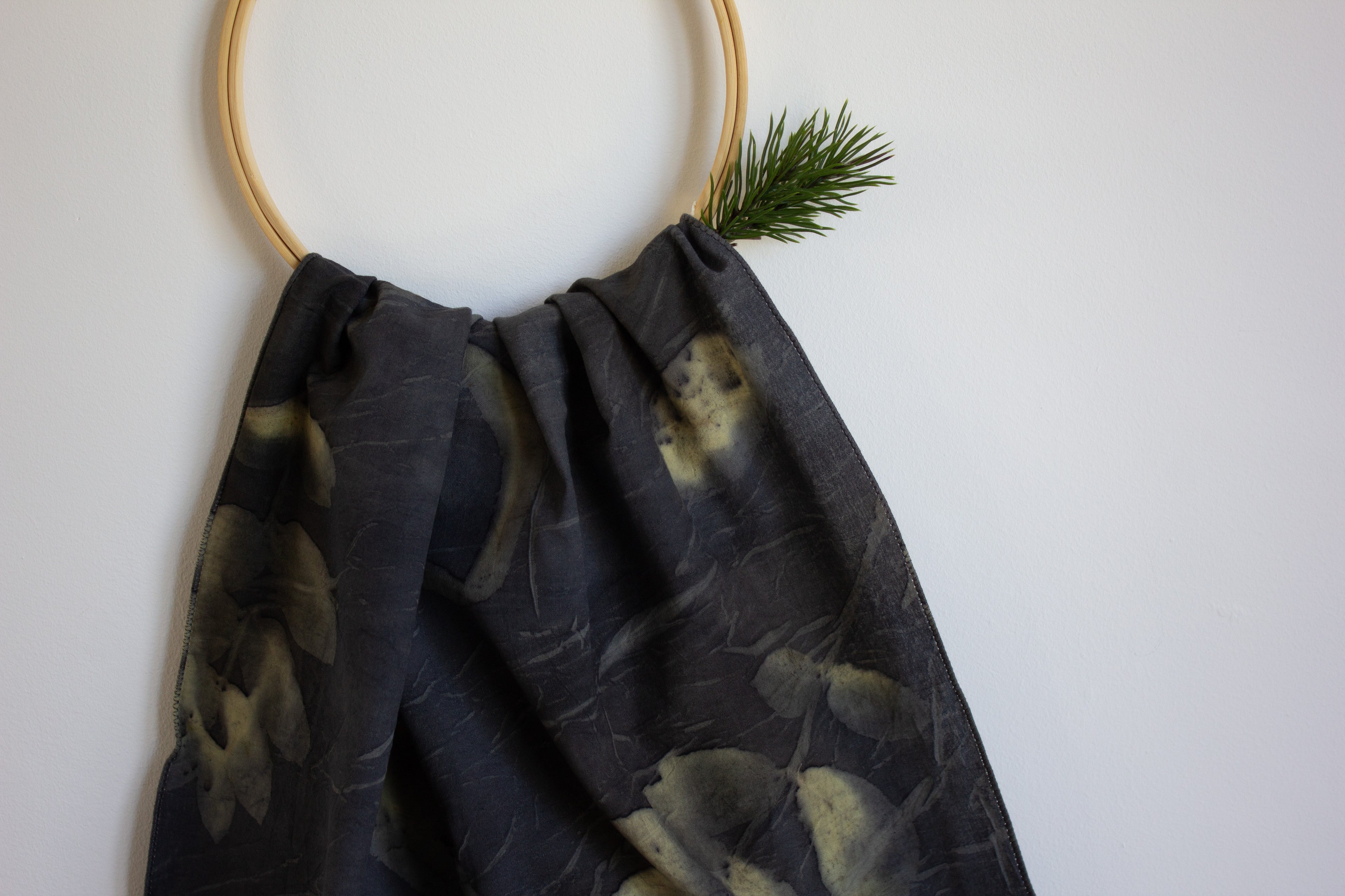 Black And Yellow Cotton Scarf Ecoprinted With Real Leaves