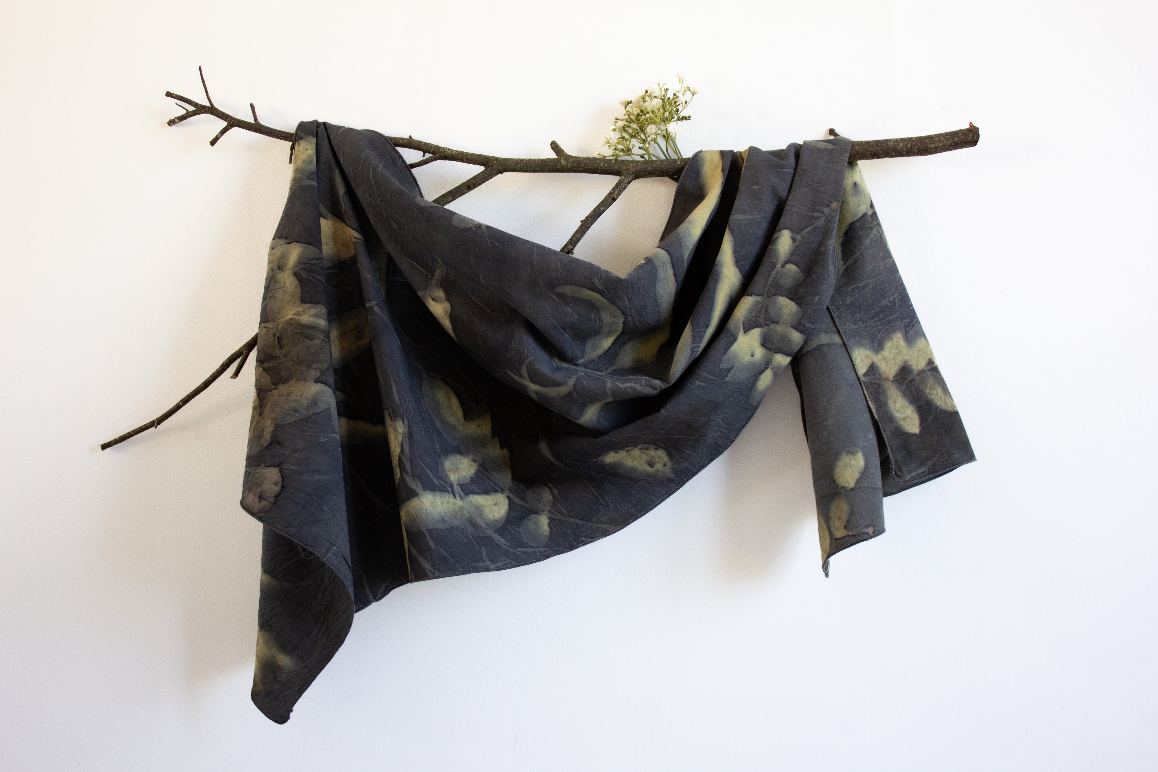 Black And Yellow Cotton Scarf Ecoprinted With Real Leaves