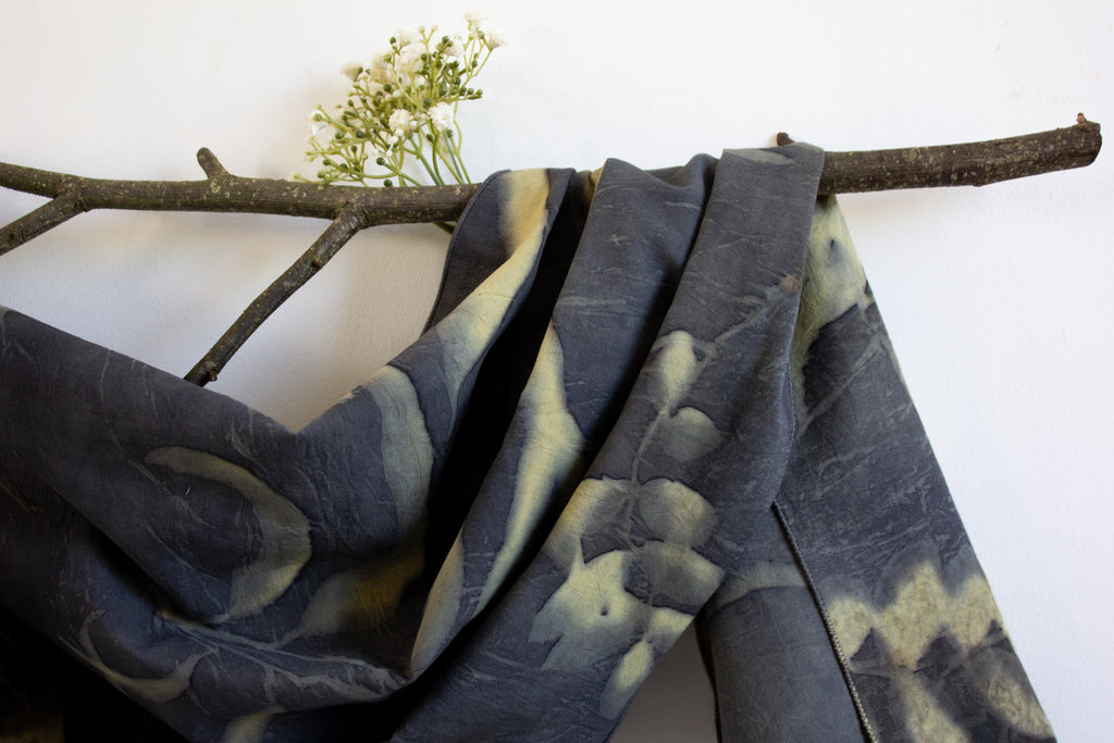 Black And Yellow Cotton Scarf Ecoprinted With Real Leaves