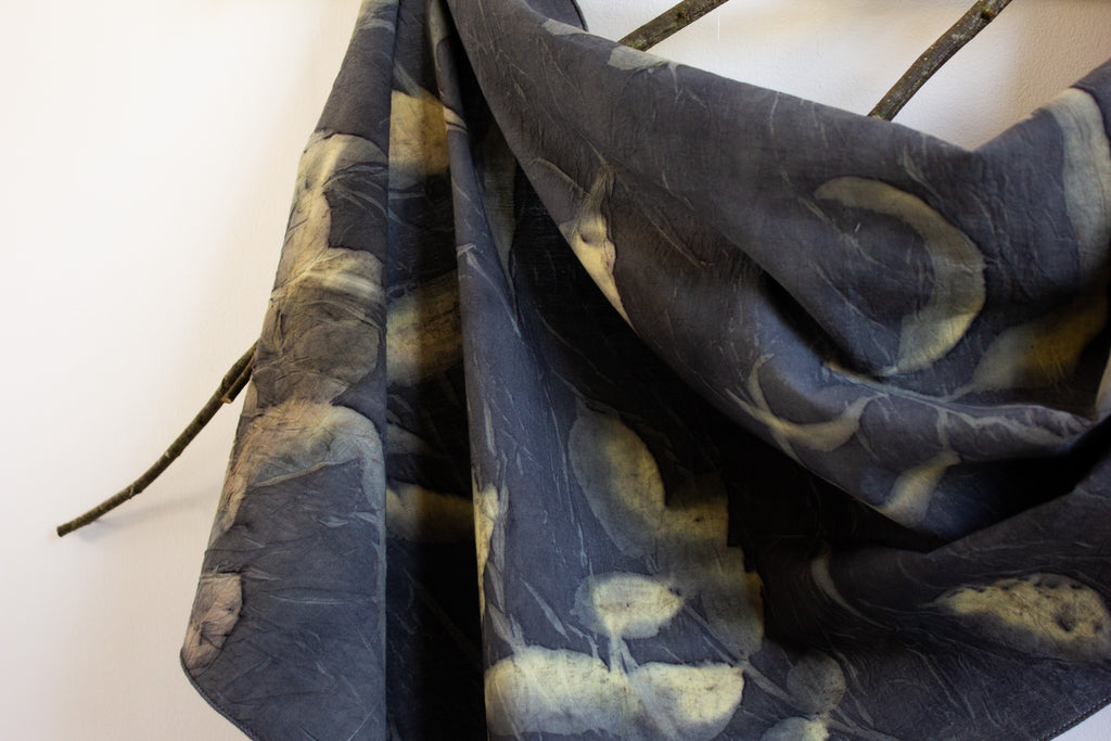 Black And Yellow Cotton Scarf Ecoprinted With Real Leaves