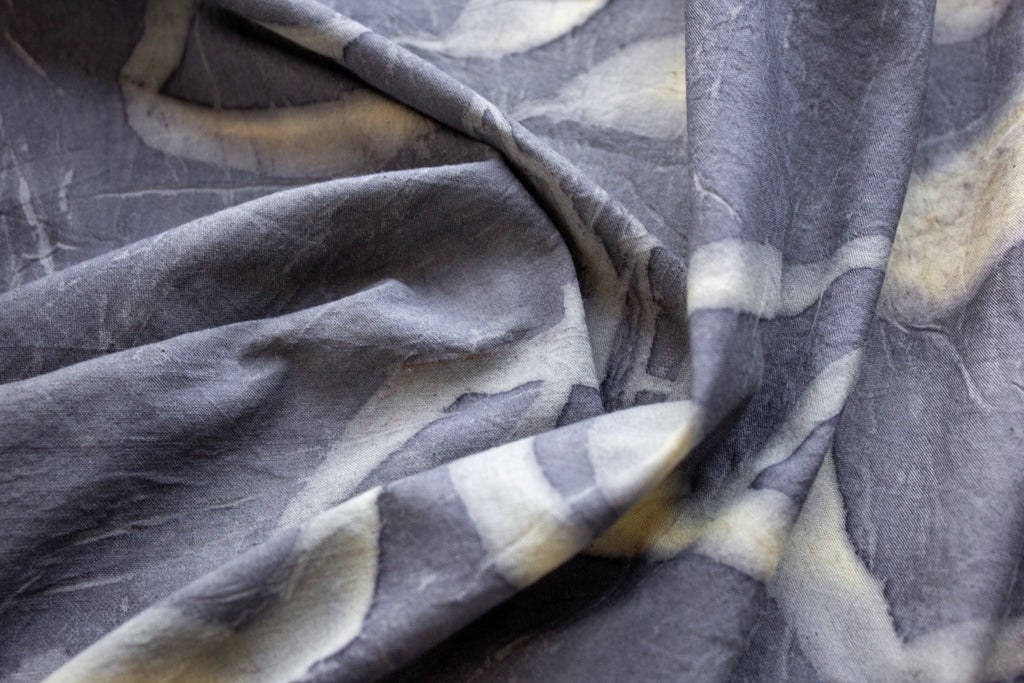 Black And Yellow Cotton Scarf Ecoprinted With Real Leaves