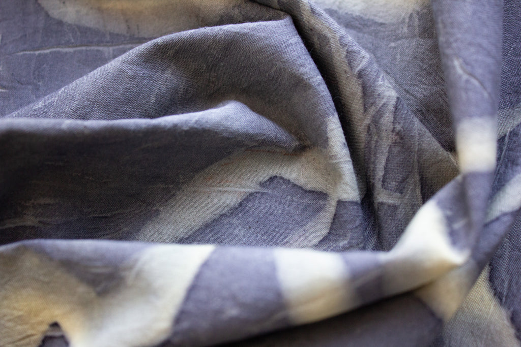 Black And Yellow Cotton Scarf Ecoprinted With Real Leaves