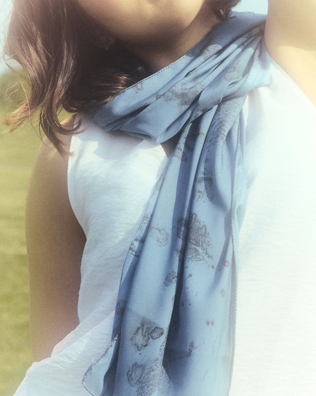 Blue Cotton Scarf Ecoprinted With Real Leaves