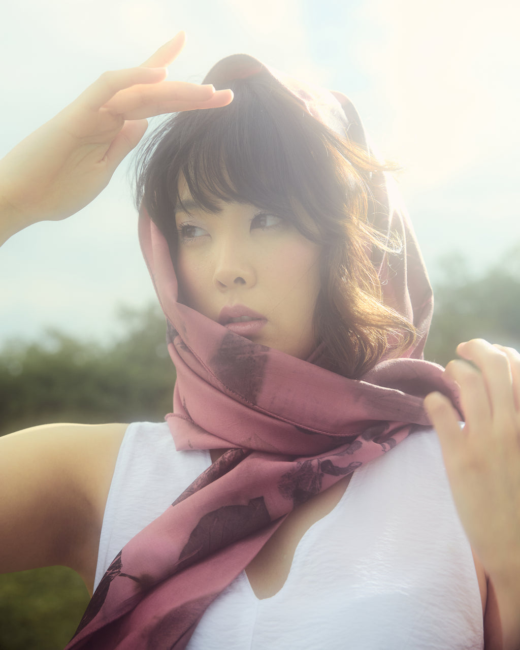 Dark Pink Cotton Scarf Botanical Print