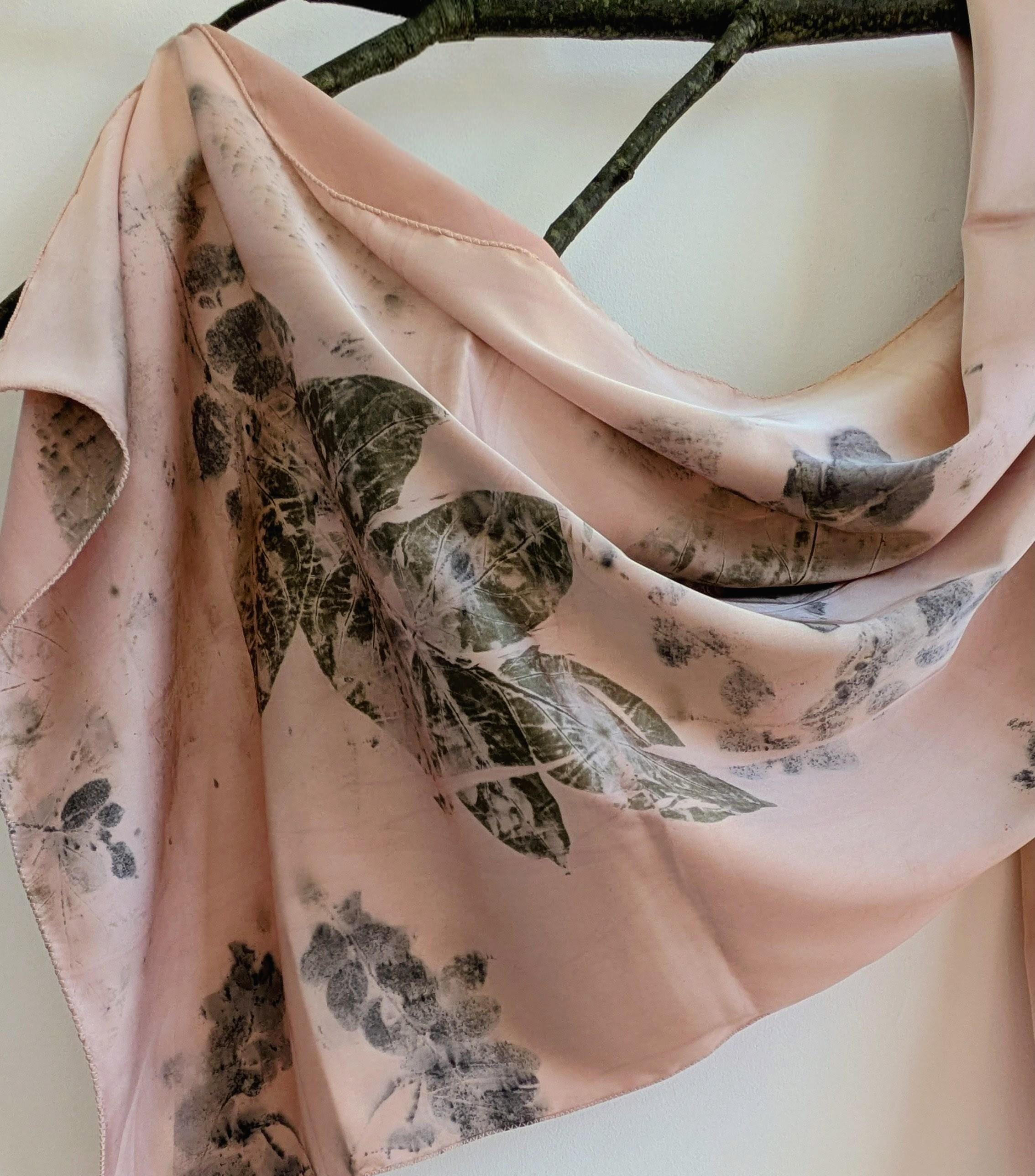 Dark Pink Silk Scarf: Leaf imprint, Natural Dye