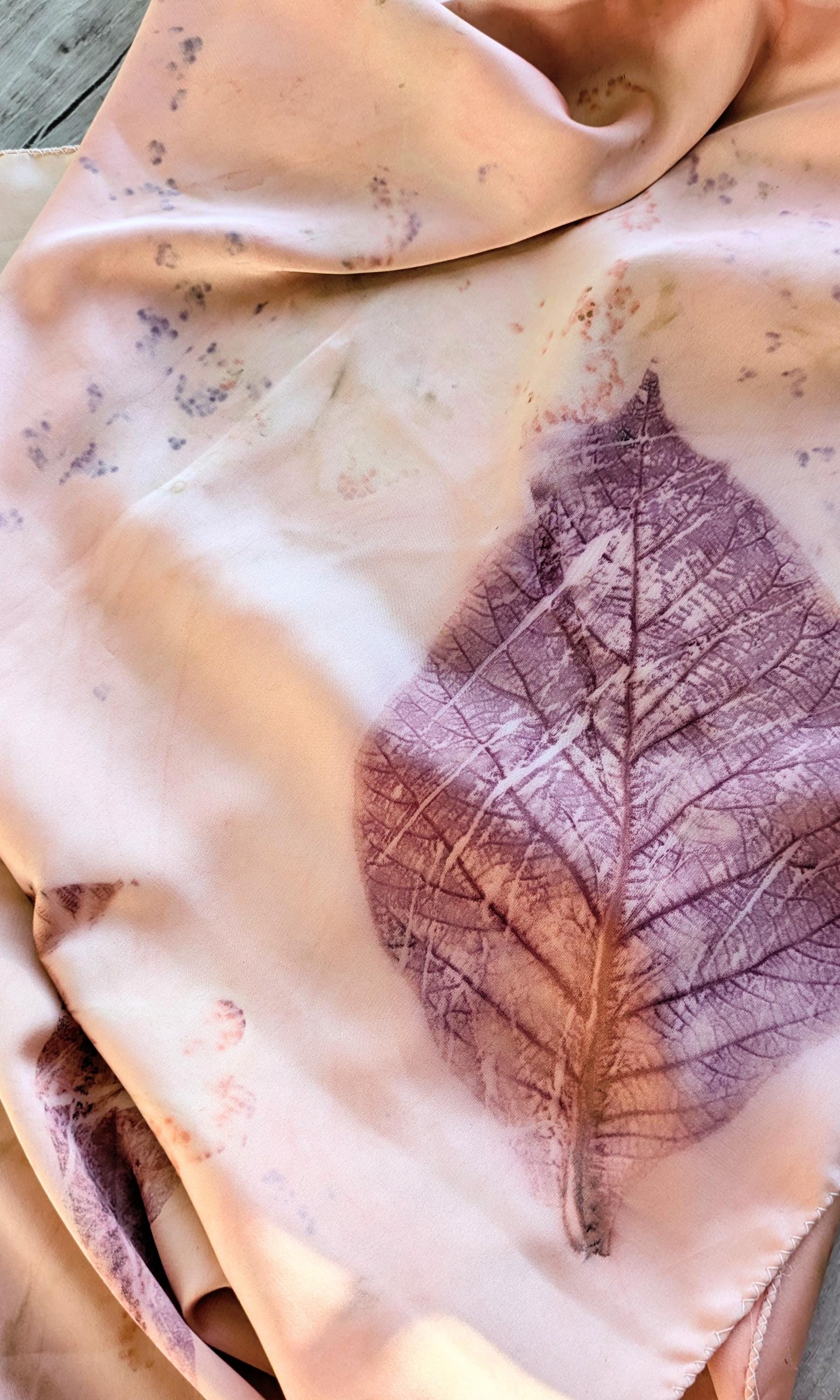 Pink Handmade Silk Scarf: Eco Printed with Real Leaves, Naturally Dyed